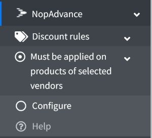 Selected Vendors in cart discount plugin navigation menu